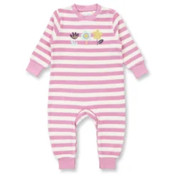 Frottee-Strampler ohne Fuß "Blume" pink gestreift 74