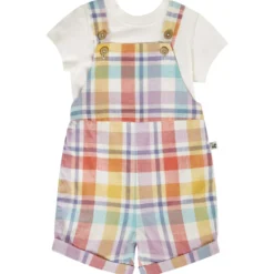 Outfit mit Latzhose buntes Karomuster 74