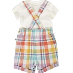Outfit mit Latzhose buntes Karomuster 74