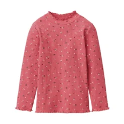 Ripp-Langarmshirt mit Stehkragen geblümt himbeerrot 122/128